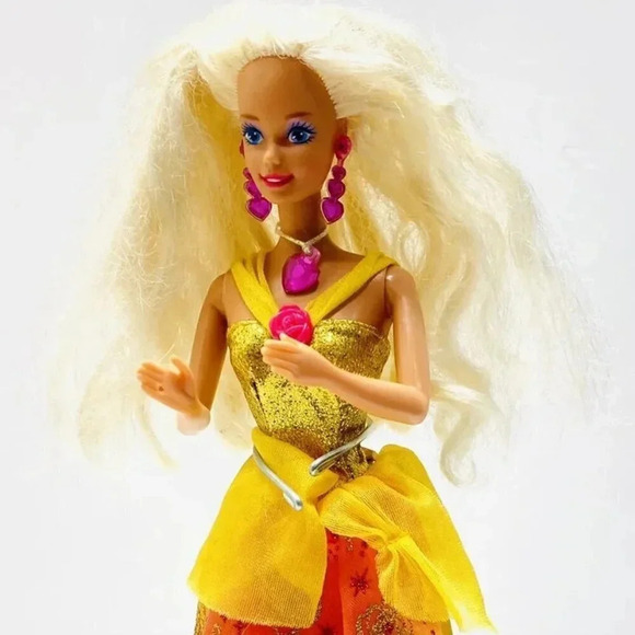 Other - MATTEL BARBIE Doll Blonde Hair Blue Eyes Yellow Gown Earrings/Necklace 12" Tall